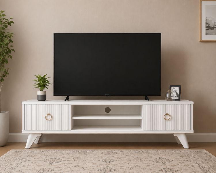 میز تلویزیون مینیمال با طراحی خاص MDF سفید صدفی