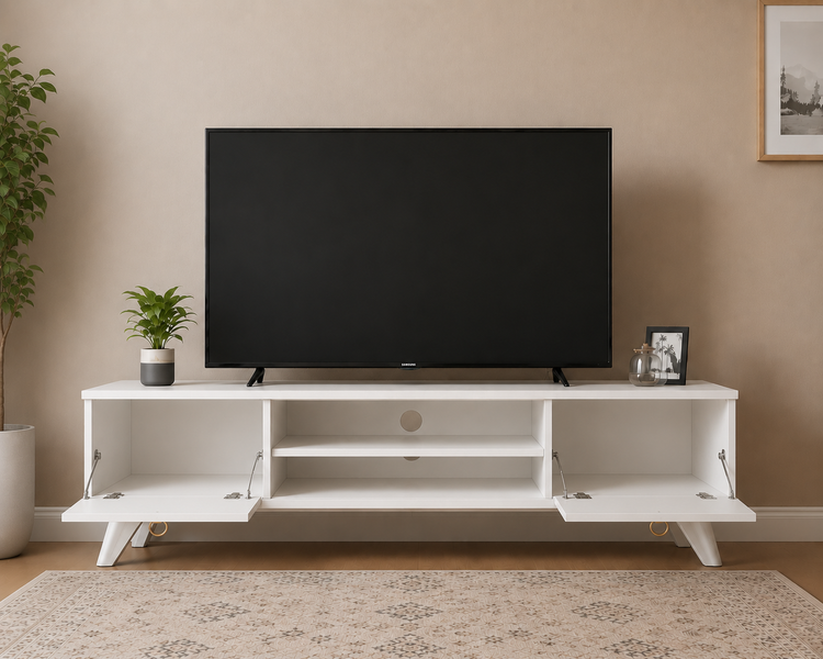 میز تلویزیون مینیمال با طراحی خاص MDF سفید صدفی