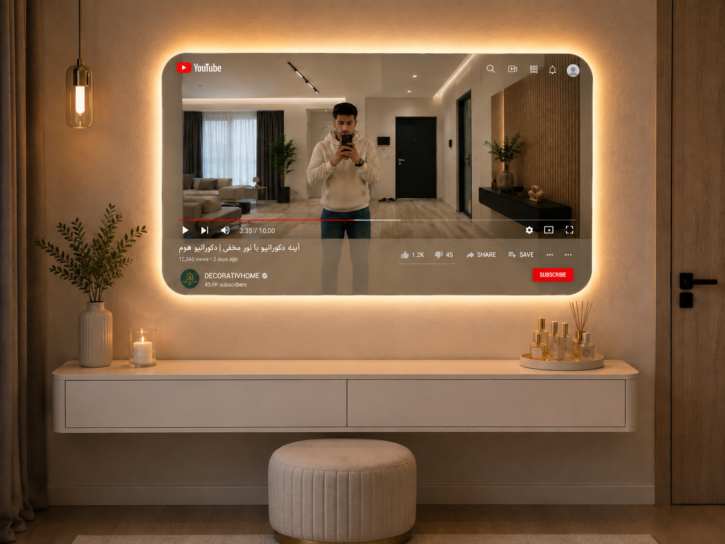 آینه طرح یوتیوب با نور مخفی LED و باکس دیواری