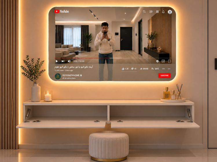 آینه طرح یوتیوب با نور مخفی LED و باکس دیواری