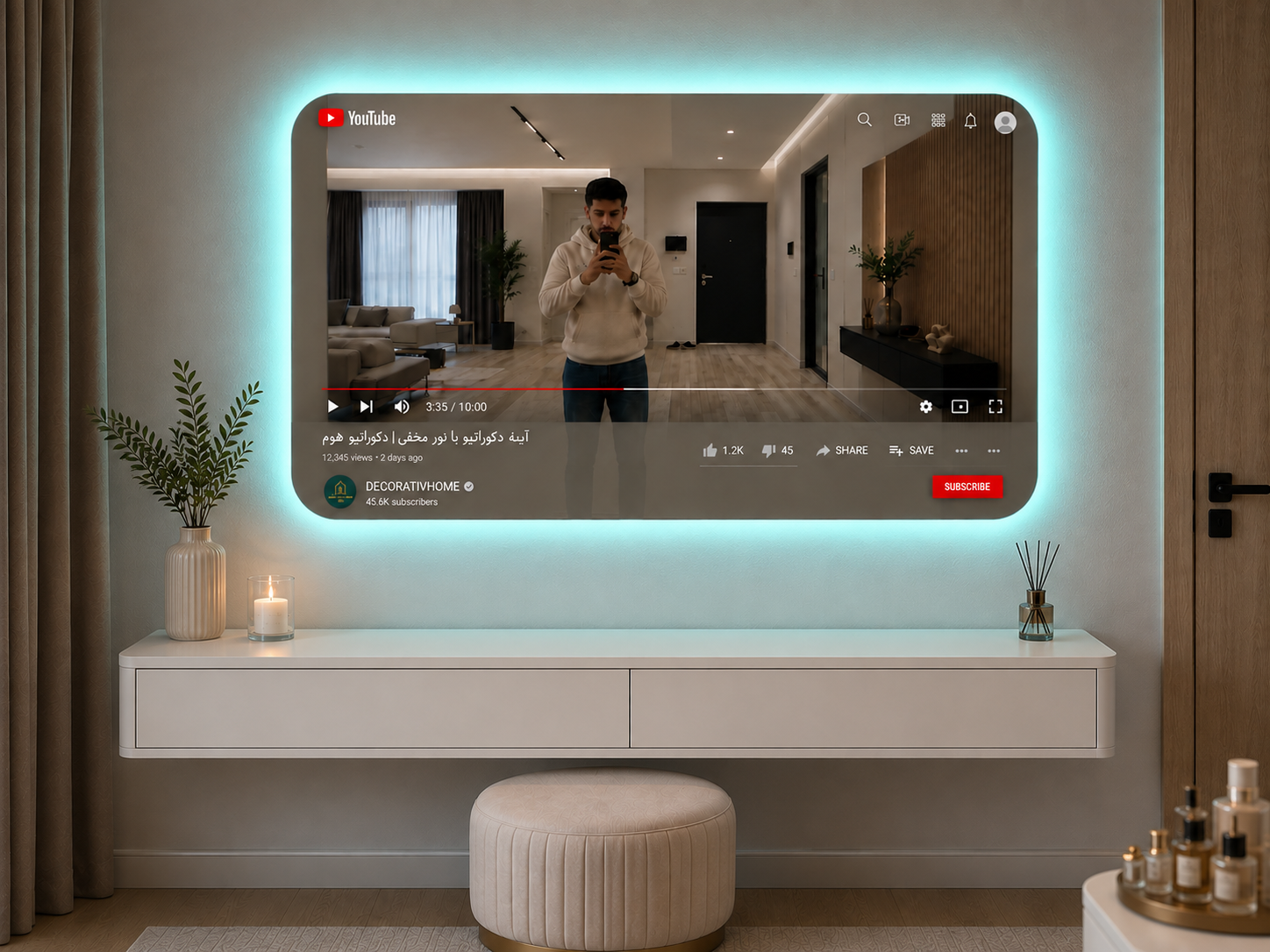 آینه طرح یوتیوب با نور مخفی و باکس دیواری