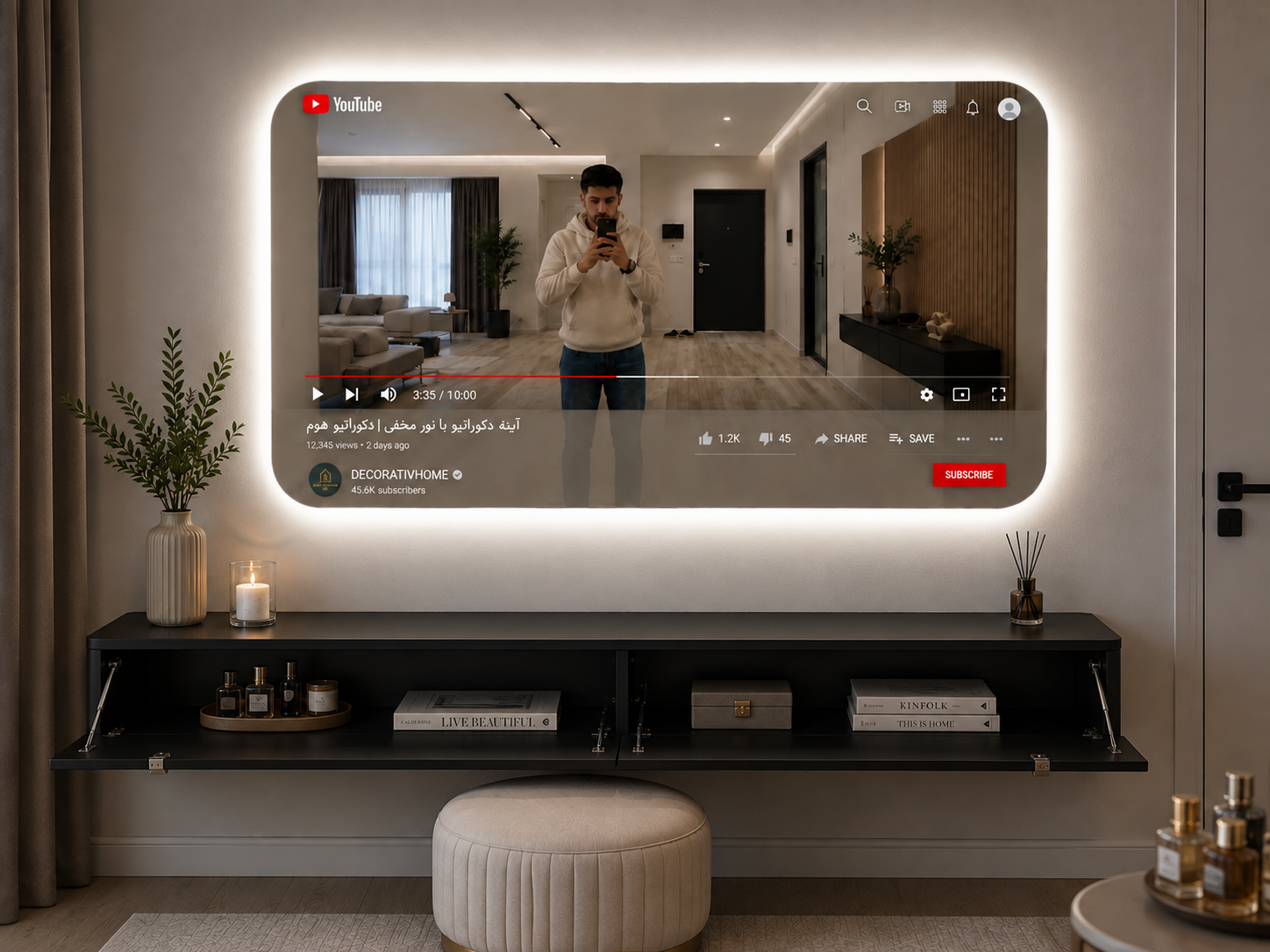 آینه دکوری طرح یوتیوب با نور مخفی LED و باکس دیواری
