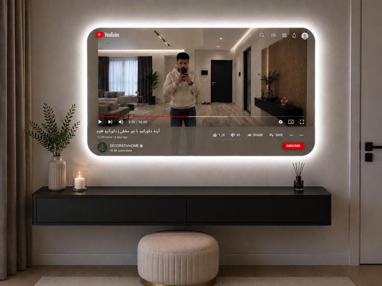 آینه دکوری طرح یوتیوب با نور مخفی LED و باکس دیواری