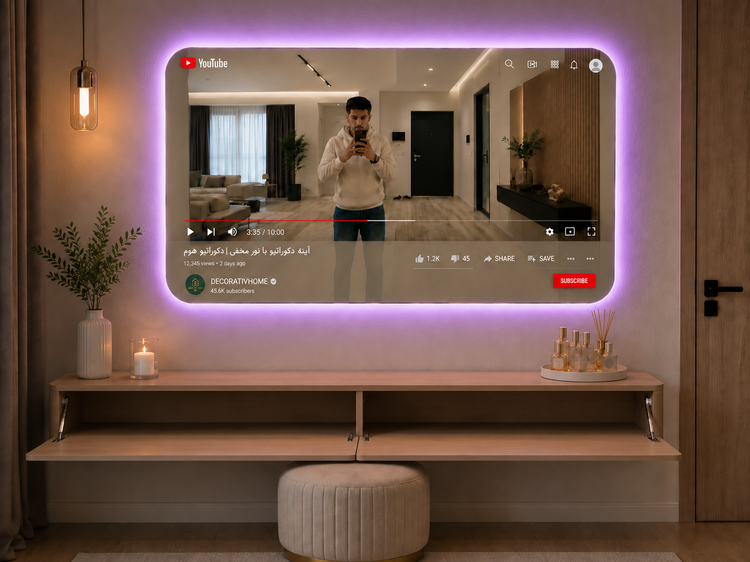 آینه دکوراتیو طرح یوتیوب با نور مخفی LED و باکس دیواری