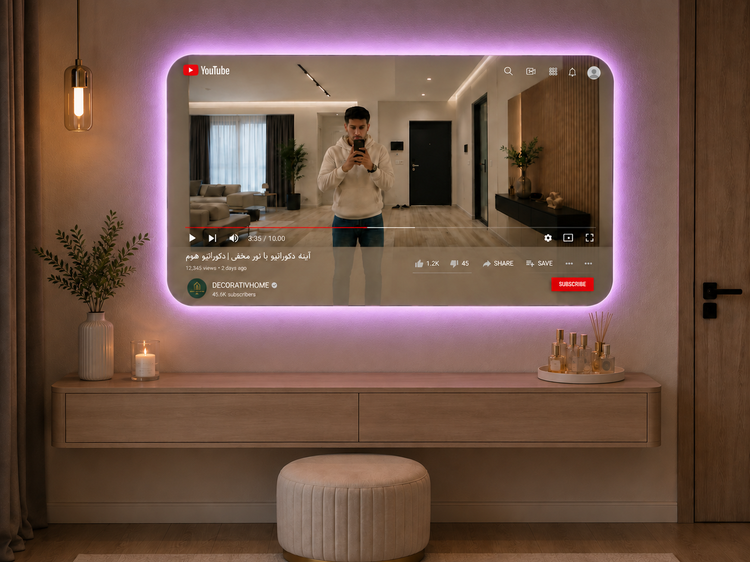آینه دکوراتیو طرح یوتیوب با نور مخفی LED و باکس دیواری