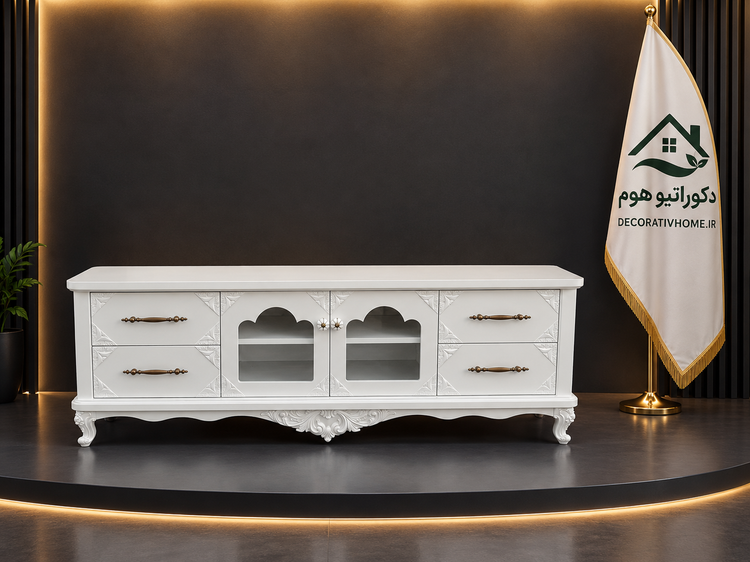 میز تلویزیون سفید سلطنتی و کلاسیک | مدل منبتکاری شده