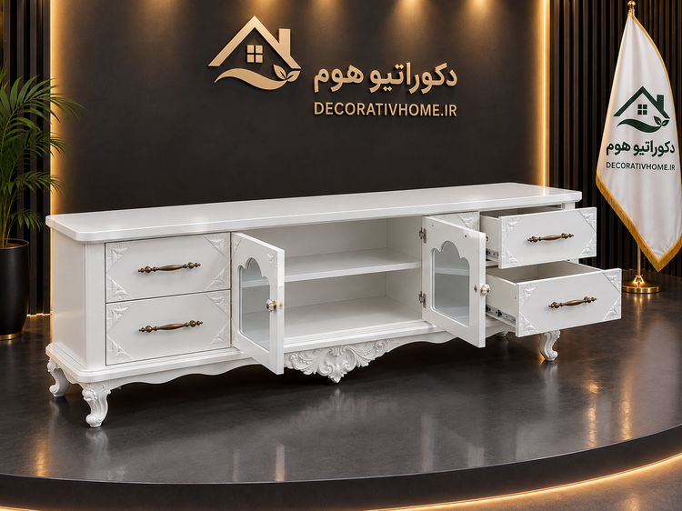 میز تلویزیون سفید سلطنتی و کلاسیک | مدل منبتکاری شده